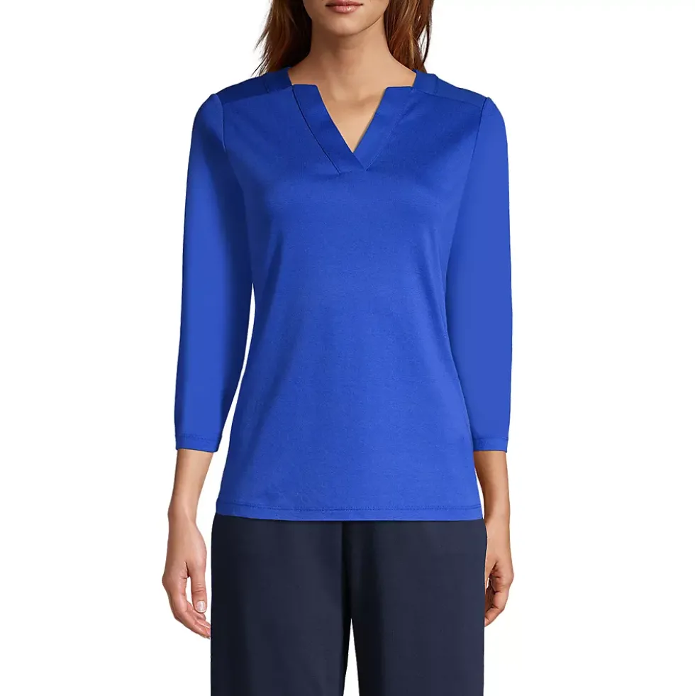School Uniform Women's Supima Micro Modal Three Quarter Sleeve Notch Neck Top