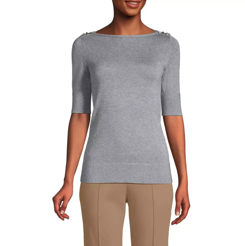 Women Cotton Modal Button Shoulder Boatneck Sweater