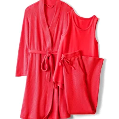 Women's Brushed Cozy Waffle Jersey 3 Piece Pajama Set - Tank Top Pant and Robe