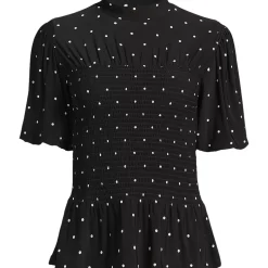 Women's Bubble Sleeve Silky Knit Smocked Mock Neck Top