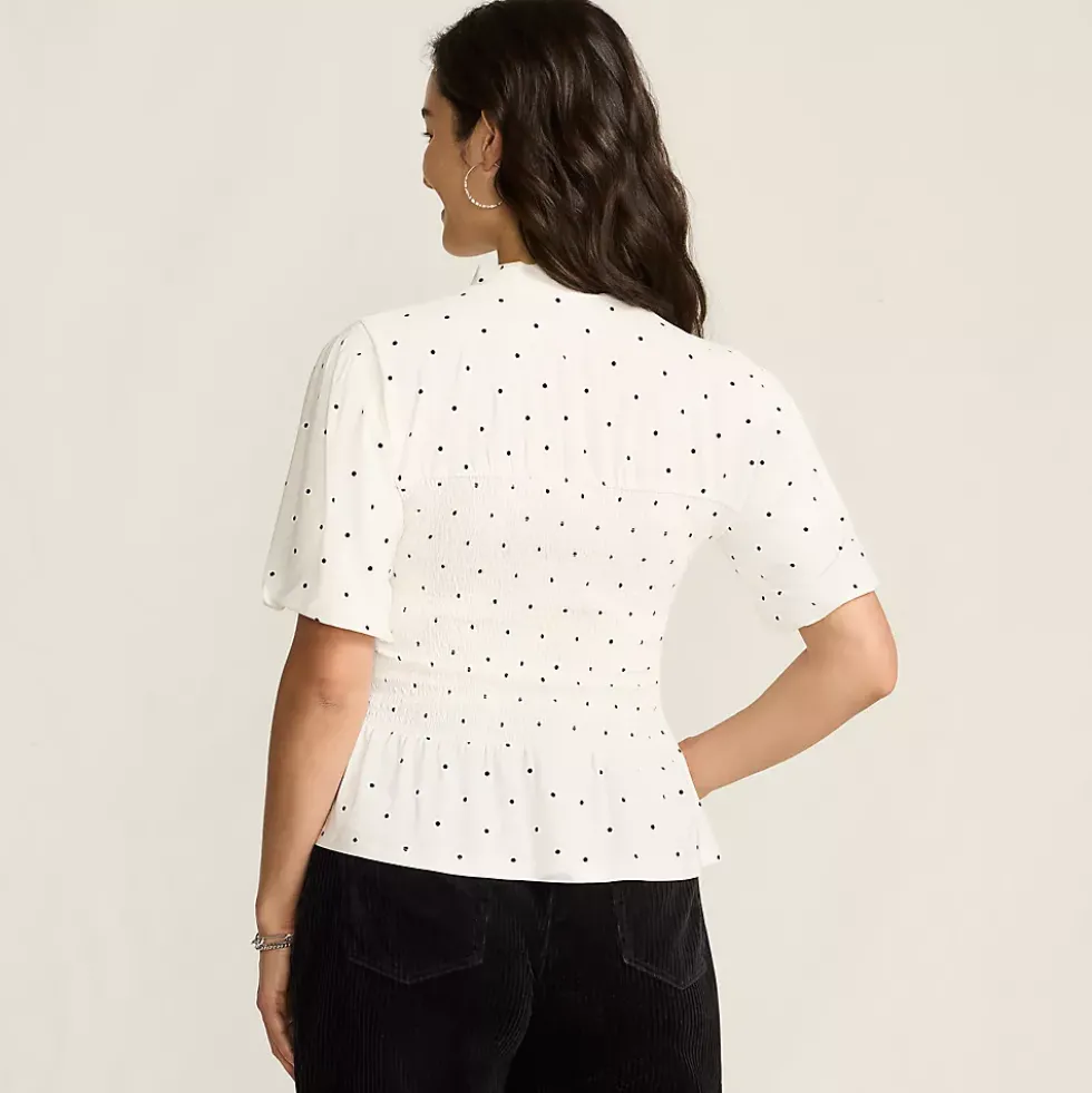 Women's Bubble Sleeve Silky Knit Smocked Mock Neck Top