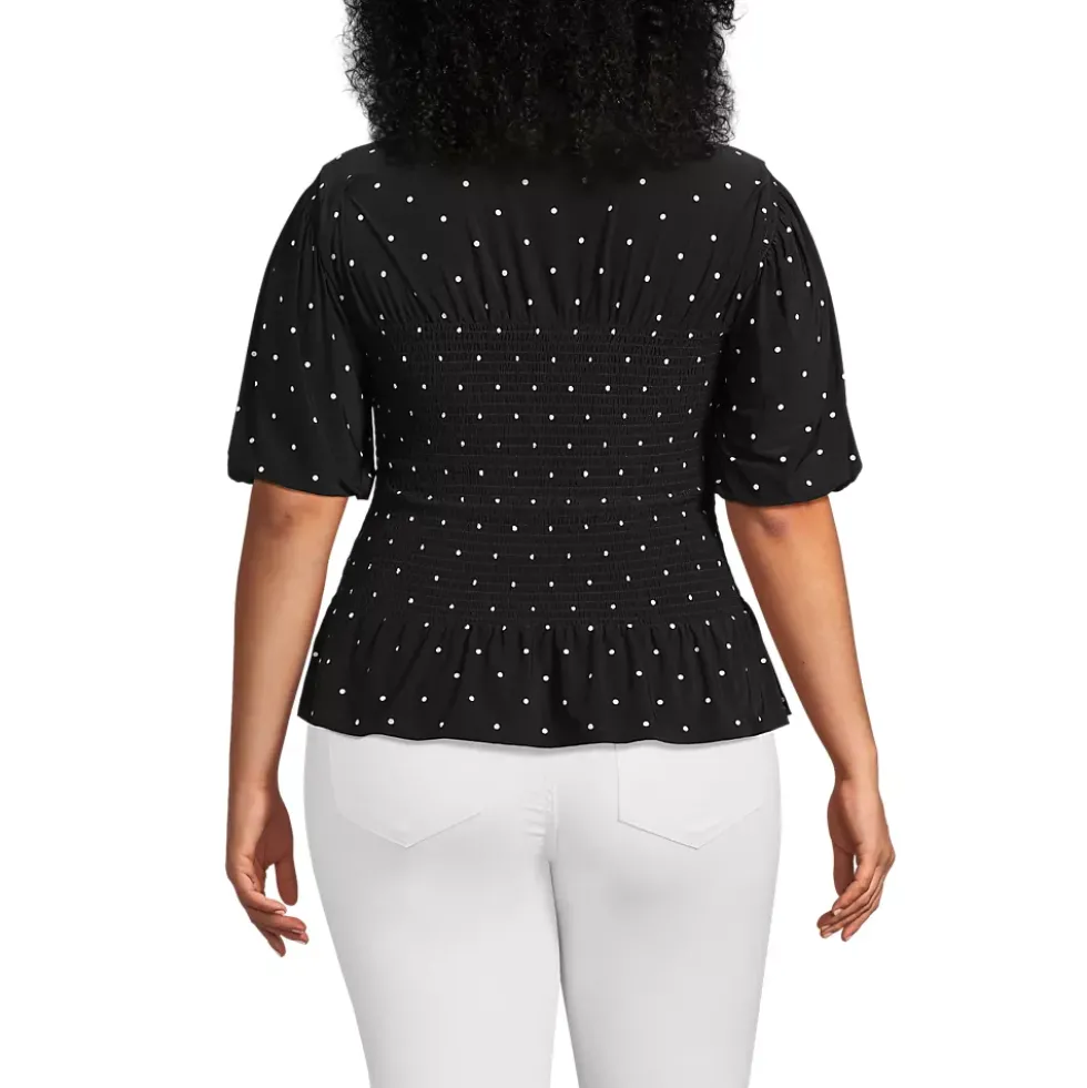 Women's Bubble Sleeve Silky Knit Smocked Mock Neck Top