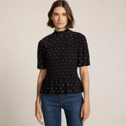 Women's Bubble Sleeve Silky Knit Smocked Mock Neck Top