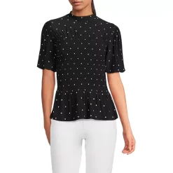 Women's Bubble Sleeve Silky Knit Smocked Mock Neck Top