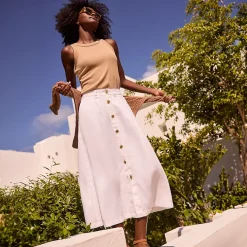 Women's Button Front Linen Midi Skirt