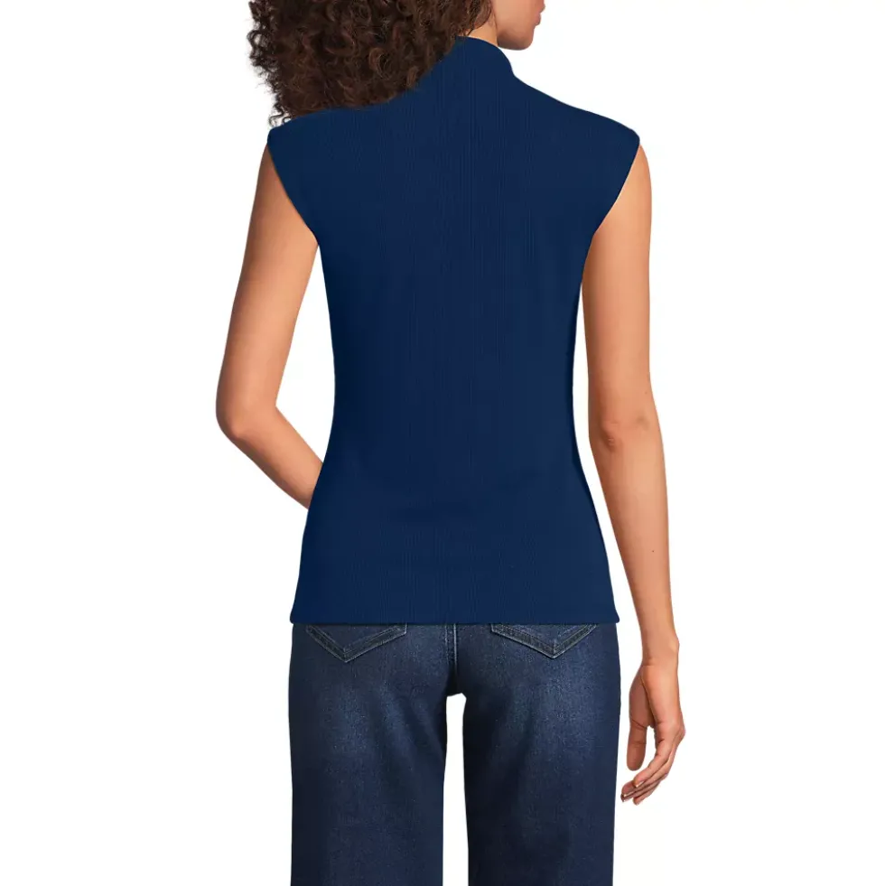 Women's Cap Sleeve Drapey Rib Fitted Funnel Neck Tank