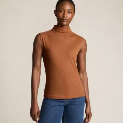 Women's Cap Sleeve Drapey Rib Fitted Funnel Neck Tank