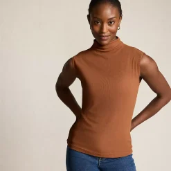 Women's Cap Sleeve Drapey Rib Fitted Funnel Neck Tank
