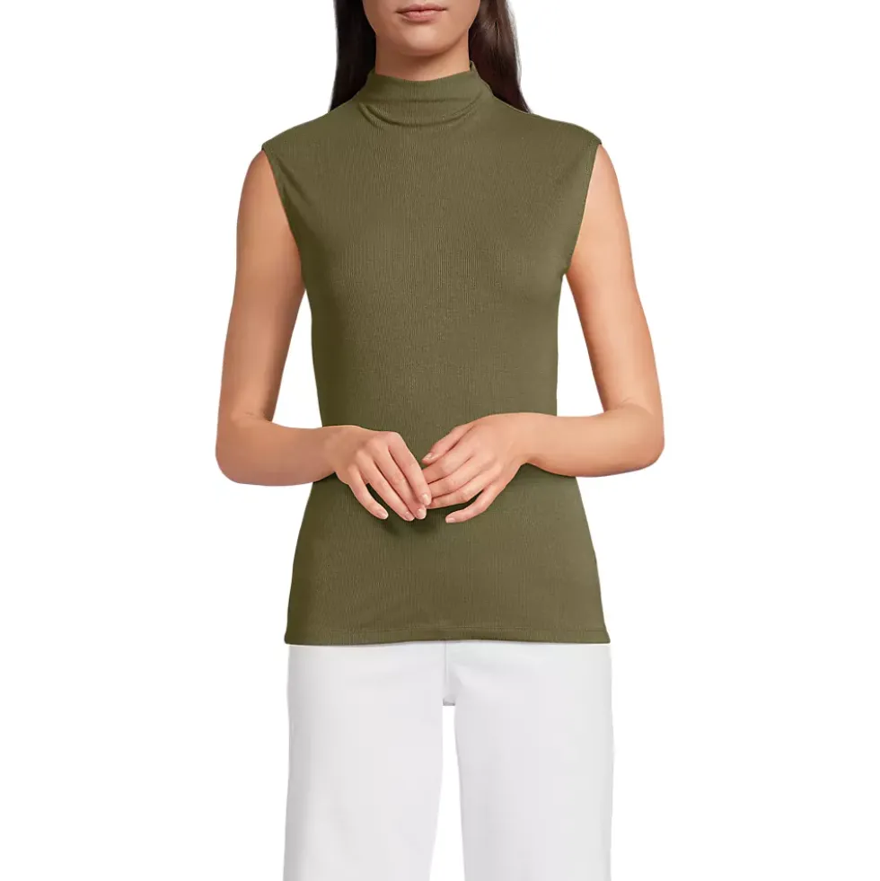 Women's Cap Sleeve Drapey Rib Fitted Funnel Neck Tank