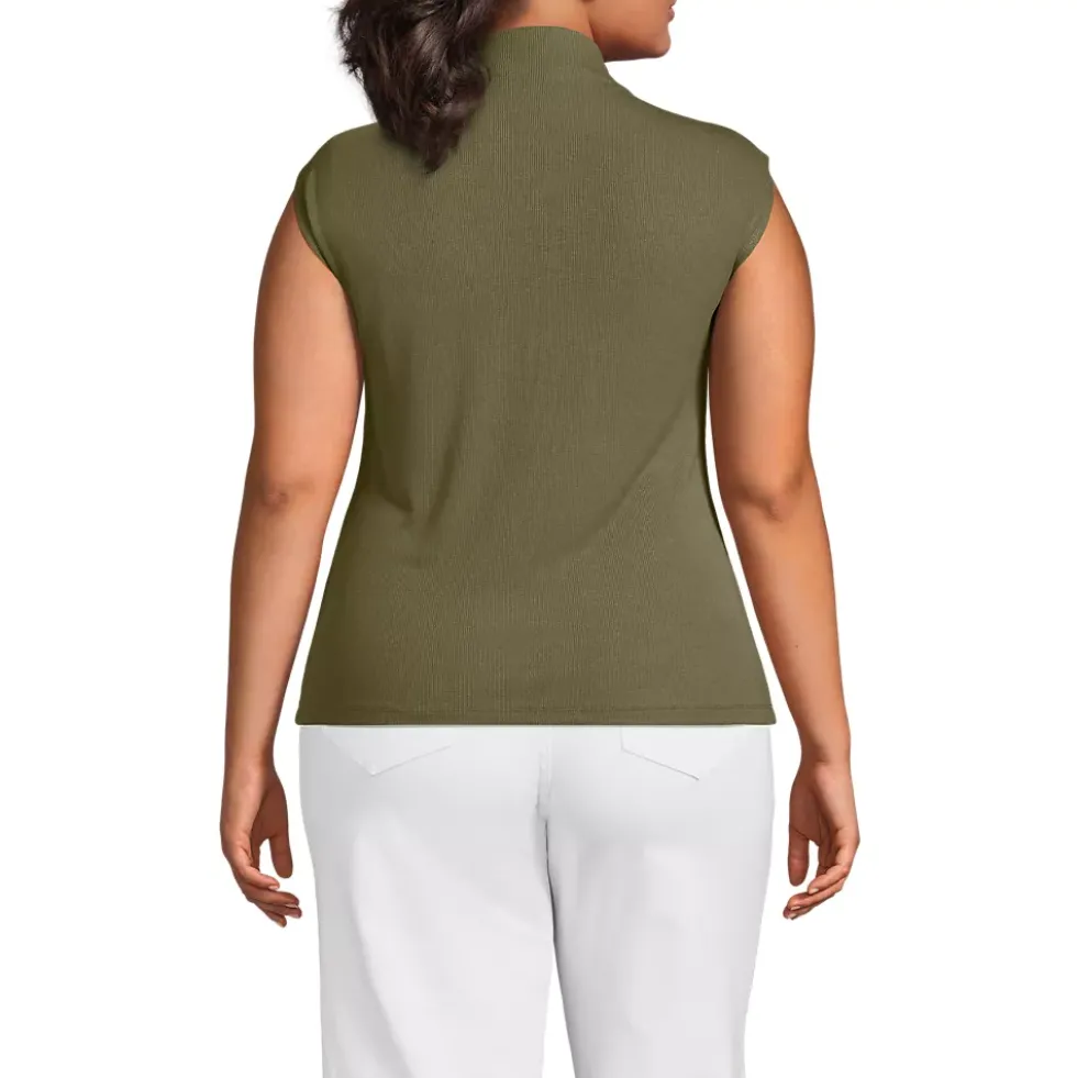 Women's Cap Sleeve Drapey Rib Fitted Funnel Neck Tank