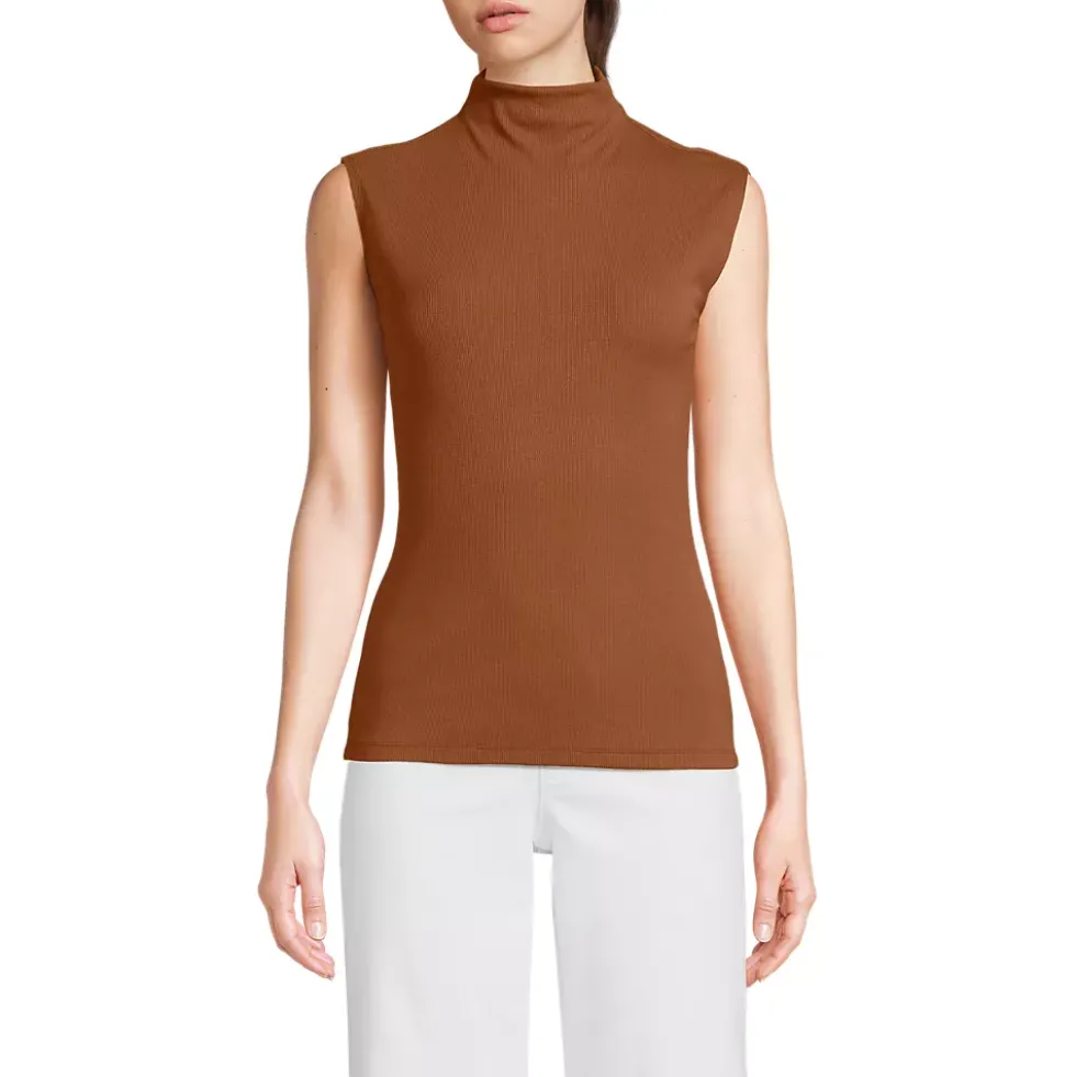 Women's Cap Sleeve Drapey Rib Fitted Funnel Neck Tank