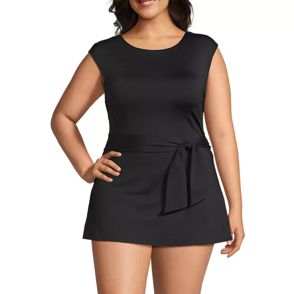 Women's Cap Sleeve Tie Belt Mini Swim Dress