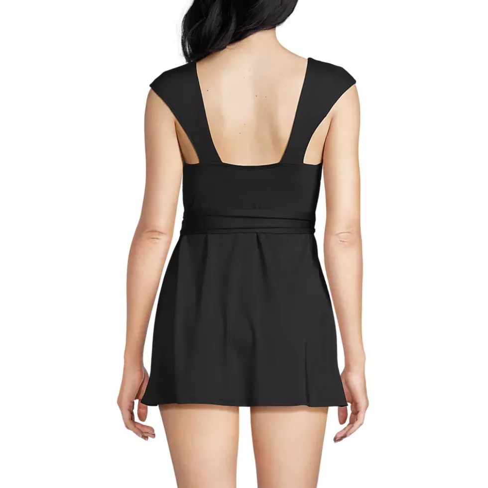 Women's Cap Sleeve Tie Belt Mini Swim Dress