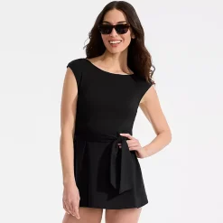 Women's Cap Sleeve Tie Belt Mini Swim Dress