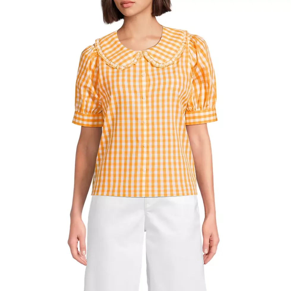 Women's Carefree Cotton Puff Sleeve Statement Collar Shirt