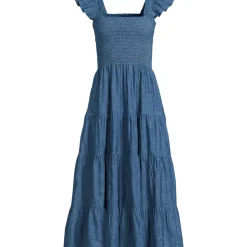 Women's Chambray Smocked Dress with Ruffle Straps