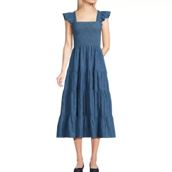 Women's Chambray Smocked Dress with Ruffle Straps