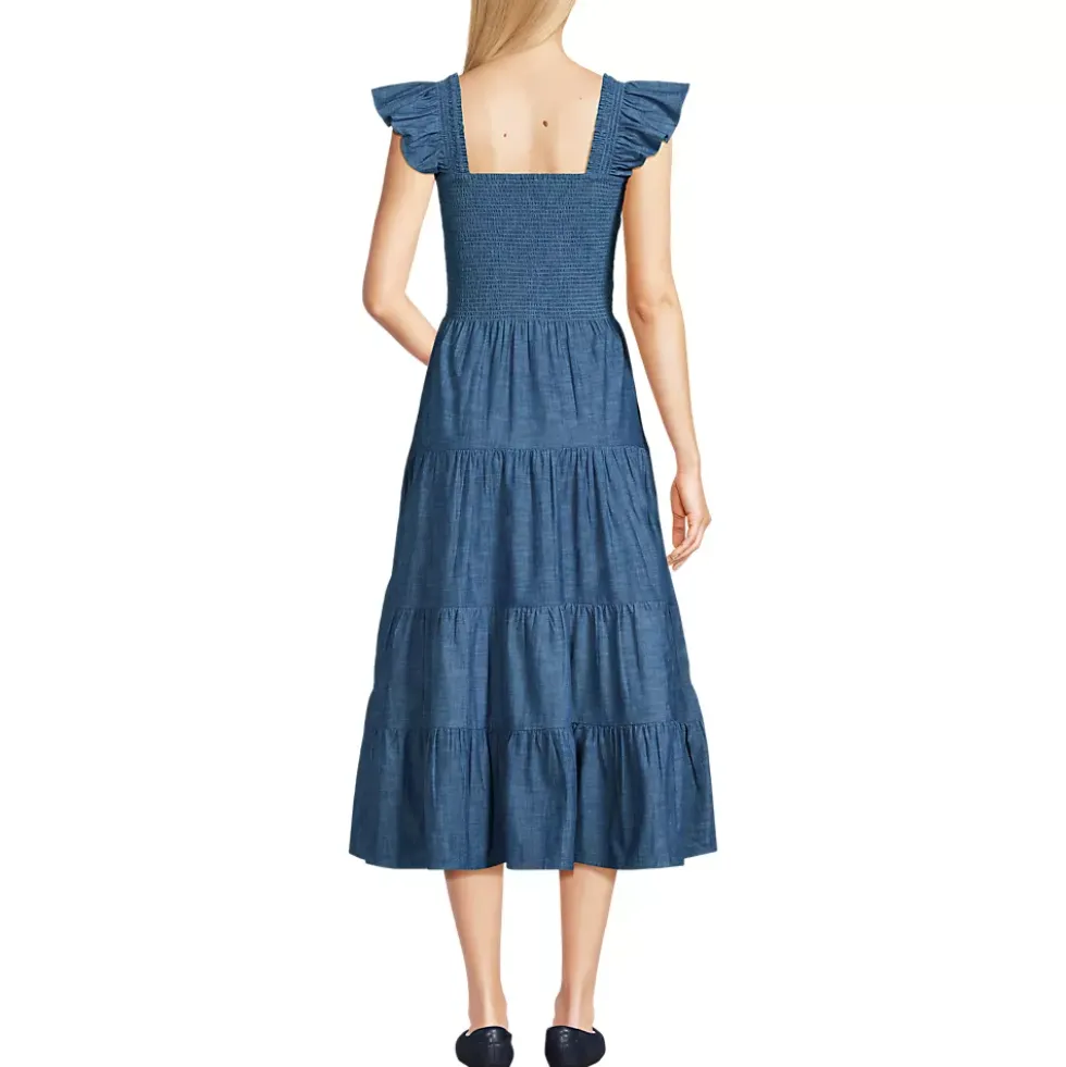 Women's Chambray Smocked Dress with Ruffle Straps