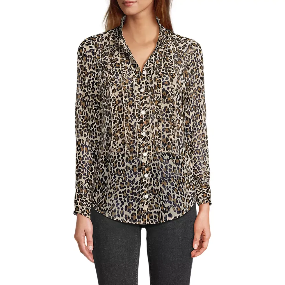 Women's Chiffon Ruffle Front Long Sleeve Top
