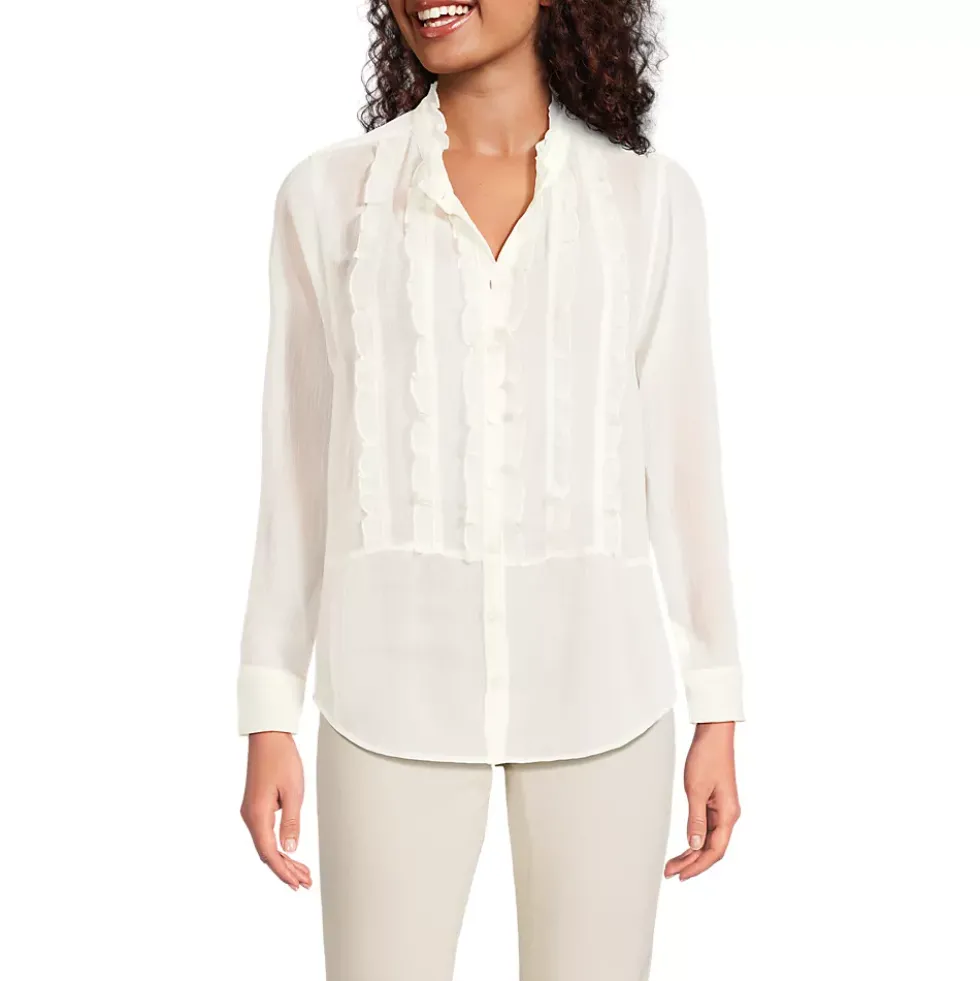 Women's Chiffon Ruffle Front Long Sleeve Top