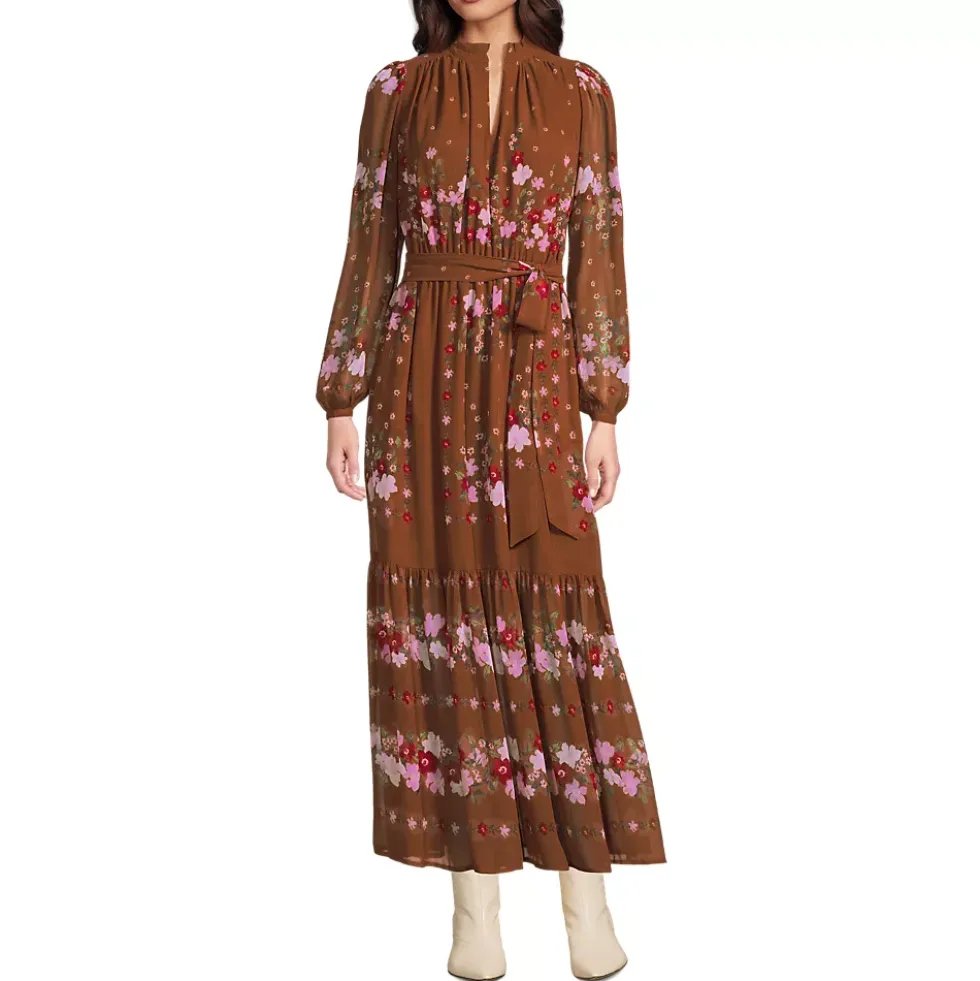 Women's Chiffon Tiered Long Sleeve Maxi Dress