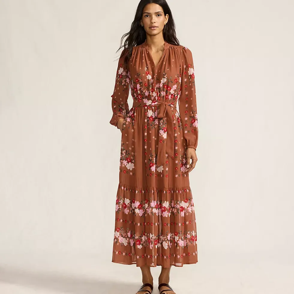 Women's Chiffon Tiered Long Sleeve Maxi Dress