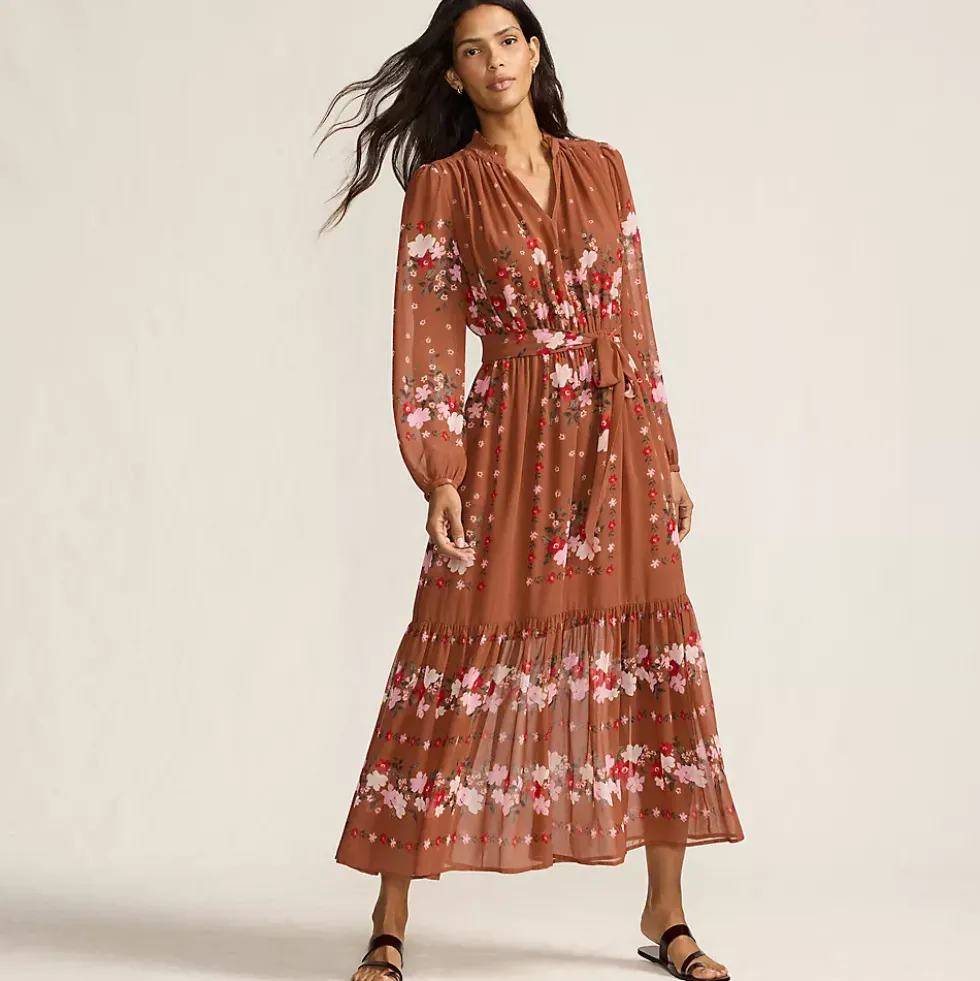 Women's Chiffon Tiered Long Sleeve Maxi Dress