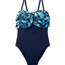 Women's Chlorine Resistant Mesh Bandeau High Leg Fauxkini One Piece Swimsuit
