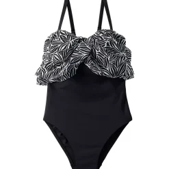 Women's Chlorine Resistant Mesh Bandeau High Leg Fauxkini One Piece Swimsuit