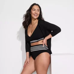 Women's Chlorine Resistant Piped Clean Front High Waisted High Leg Bikini Bottoms
