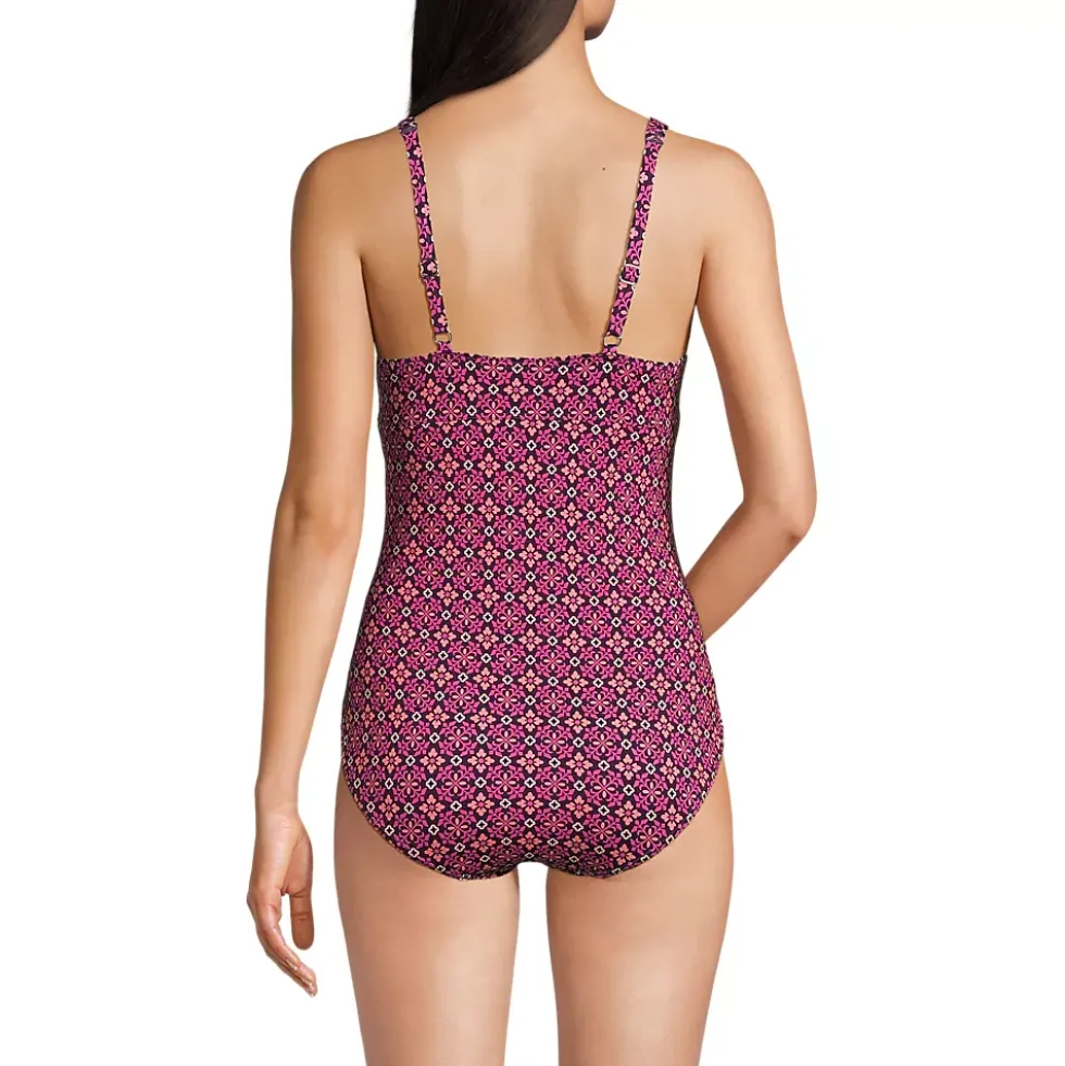 Women's Chlorine Resistant Shirred V-neck One Piece Swimsuit