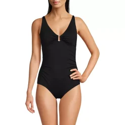 Women's Chlorine Resistant Shirred V-neck One Piece Swimsuit