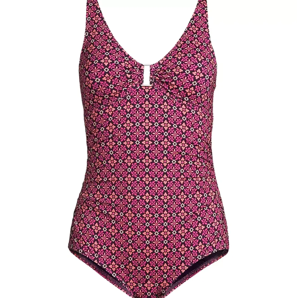Women's Chlorine Resistant Shirred V-neck One Piece Swimsuit