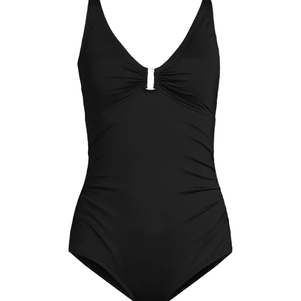 Women's Chlorine Resistant Shirred V-neck One Piece Swimsuit
