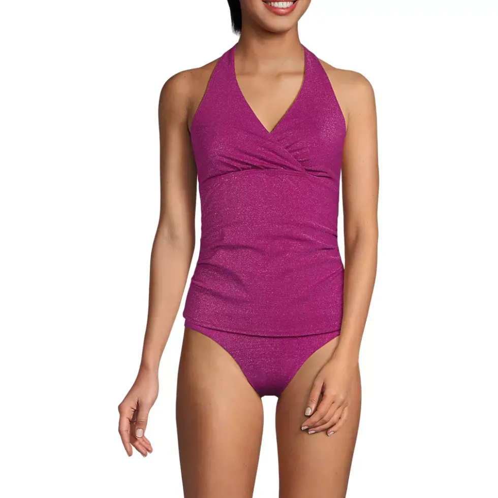 Women's Chlorine Resistant Shine V-neck Halter Tankini Swimsuit Top