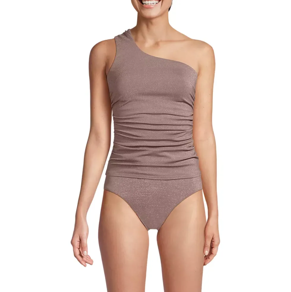 Women's Chlorine Resistant Shine Shirred One Shoulder Tankini Swimsuit Top