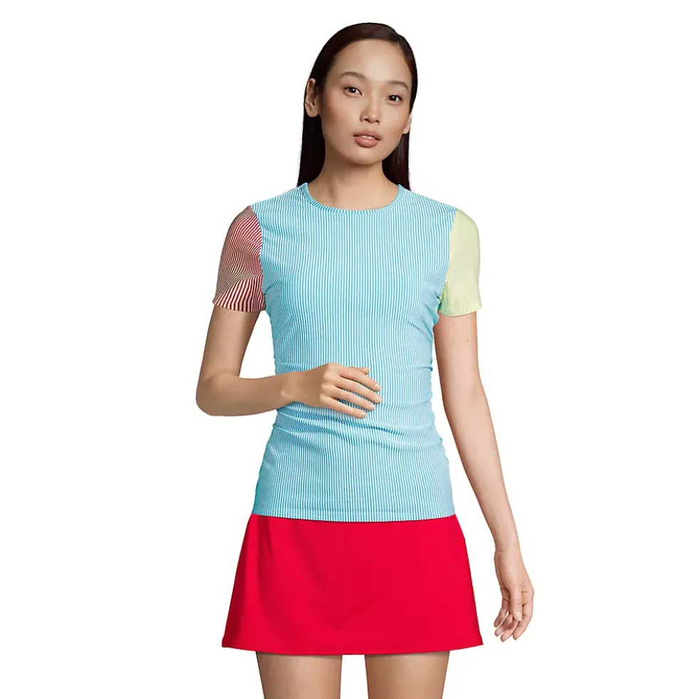 Women's Chlorine Resistant Short Sleeve Modest Tankini Top Swimsuit Built in Soft Cup Bra Seersucker