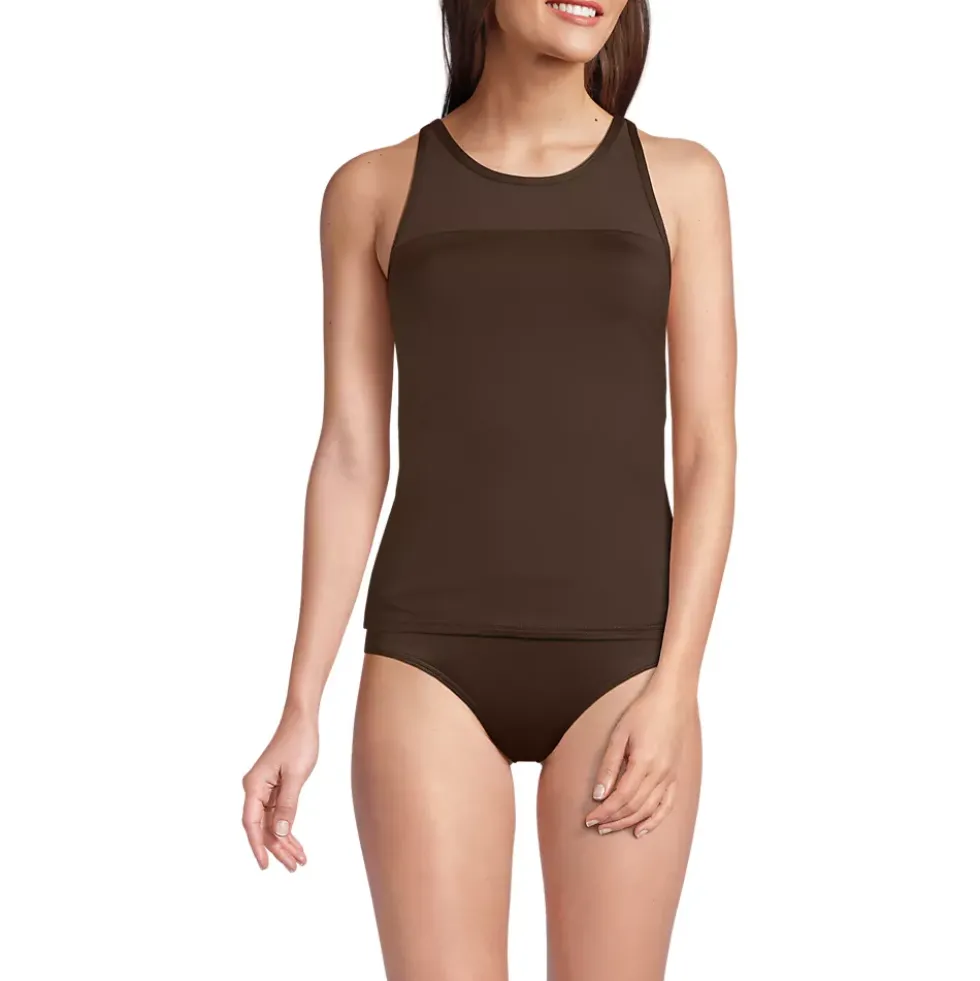 Women's Chlorine Resistant Smoothing Control Mesh High Neck Tankini Swimsuit Top