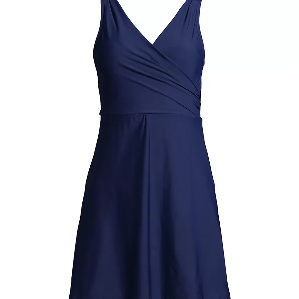 Women's Chlorine Resistant Tummy Control Surplice Wrap Swim Dress One Piece Swimsuit