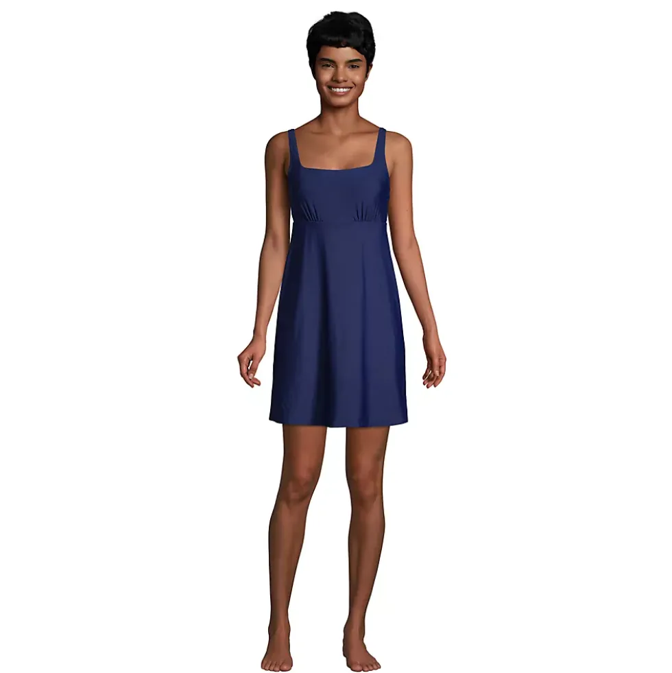 Women's Chlorine Resistant Tummy Control Square Neck Swim Dress One Piece Swimsuit with Shorts