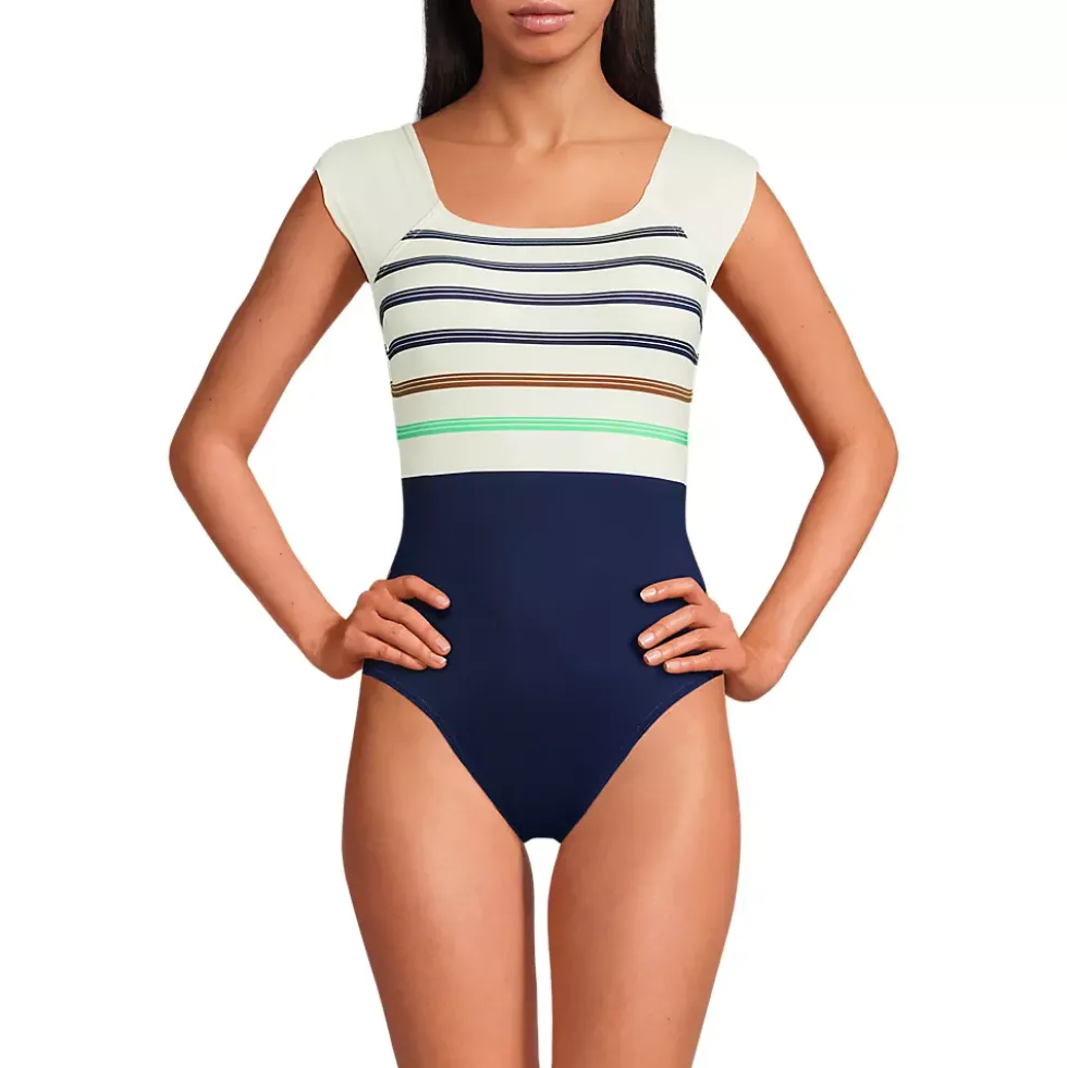 Women's Chlorine Resistant Tummy Control Cap Sleeve X-Back One Piece Swimsuit