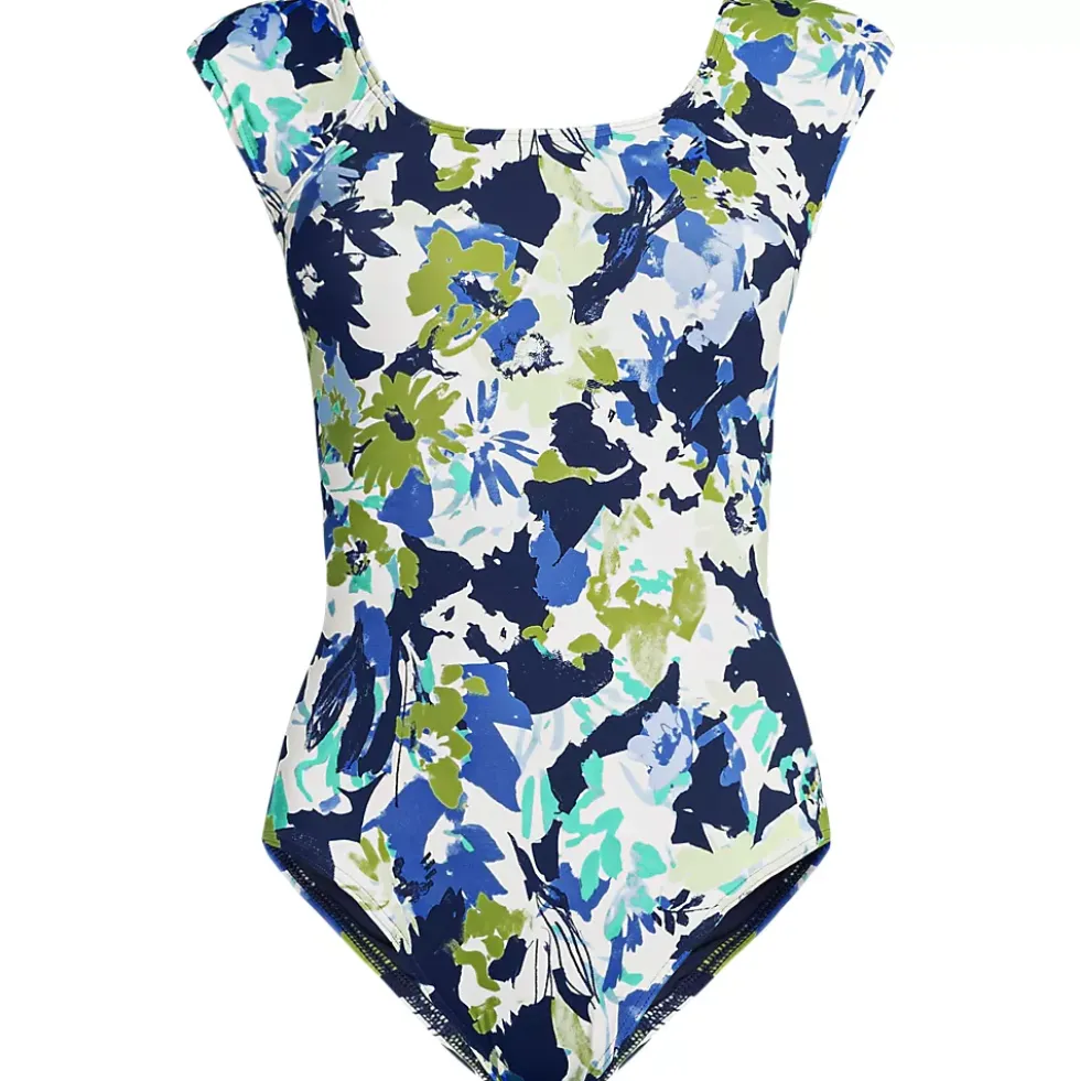 Women's Chlorine Resistant Tummy Control Cap Sleeve X-Back One Piece Swimsuit