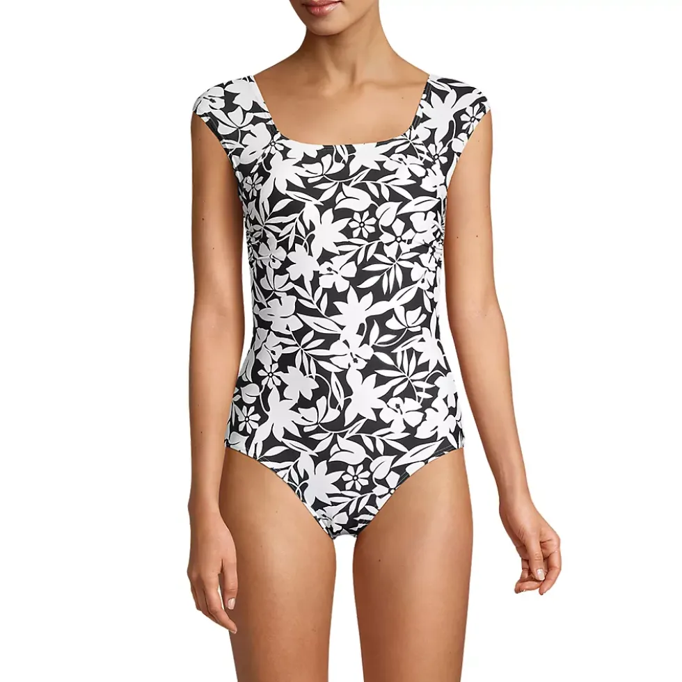 Women's Chlorine Resistant Tummy Control Cap Sleeve X-Back One Piece Swimsuit