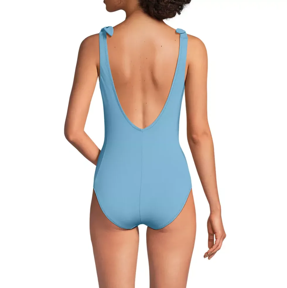 Women's Chorine Resistant Tie Shoulder V-neck High Leg One Piece Swimsuit