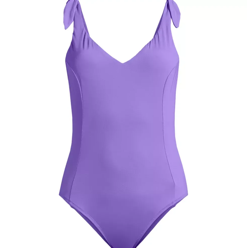 Women's Chorine Resistant Tie Shoulder V-neck High Leg One Piece Swimsuit