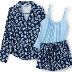 Women's Cooling 3 Piece Pajama Set - Long Sleeve Top Cami and Shorts