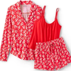 Women's Cooling 3 Piece Pajama Set - Long Sleeve Top Cami and Shorts