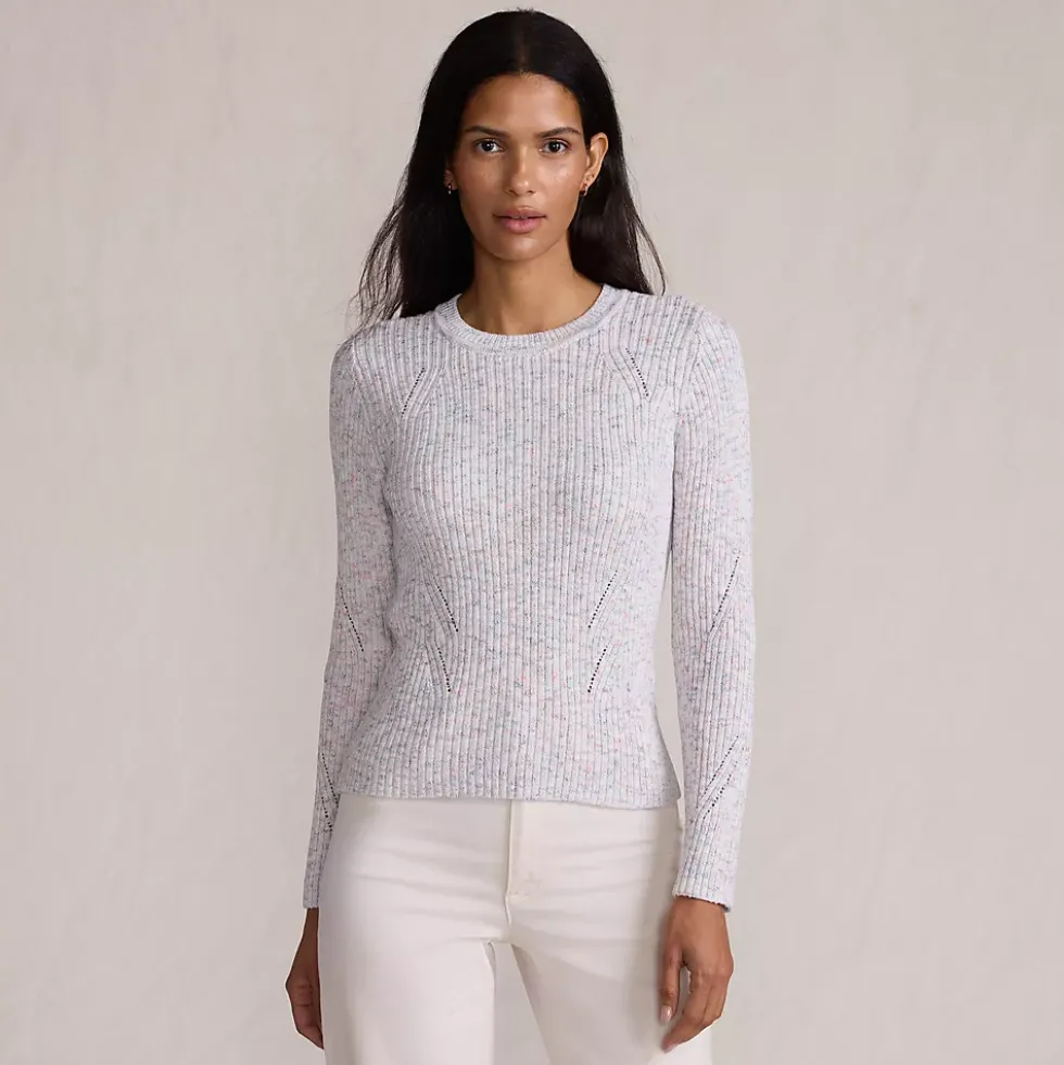Women's Cotton Blend Marl Ribbed Crew Neck Sweater