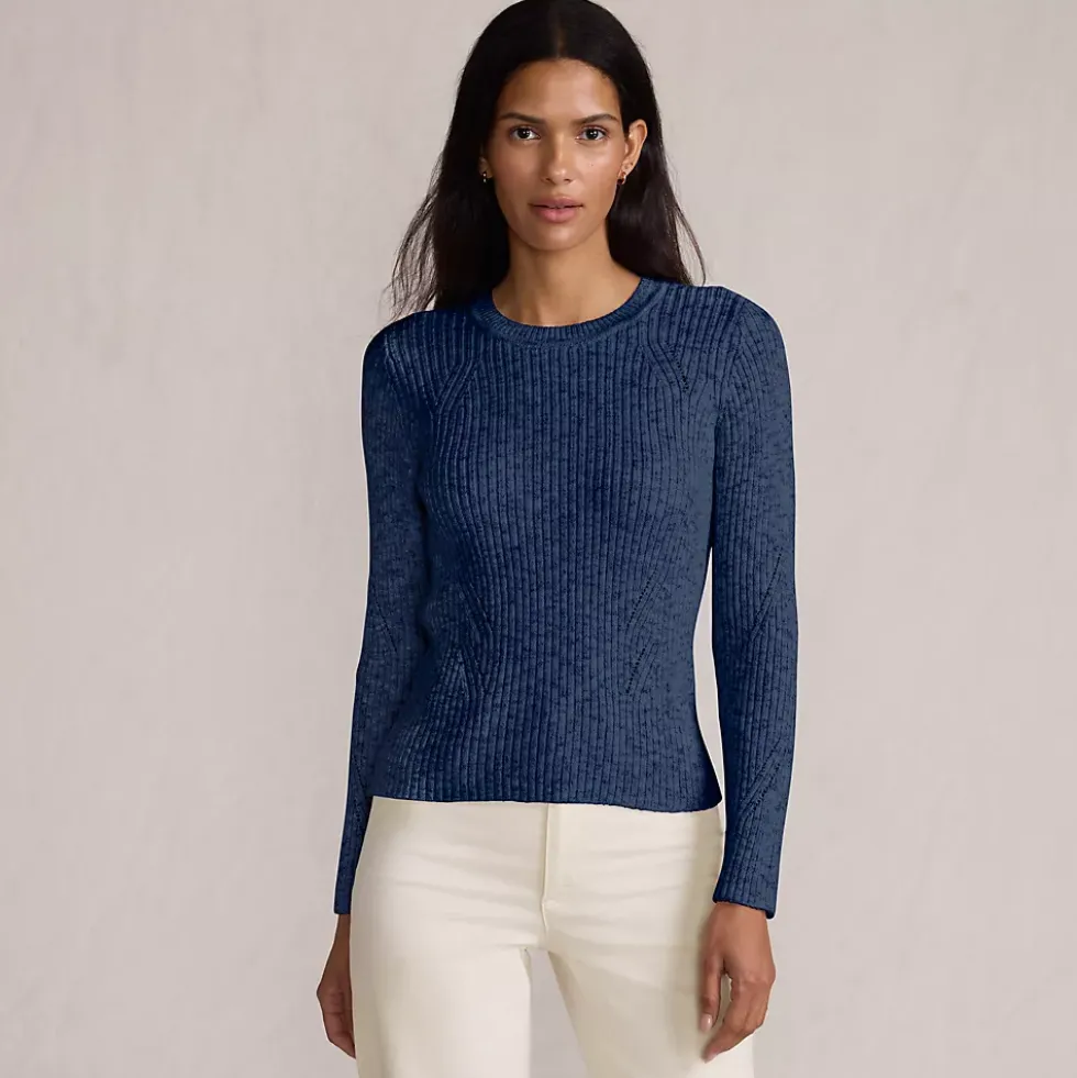 Women's Cotton Blend Marl Ribbed Crew Neck Sweater
