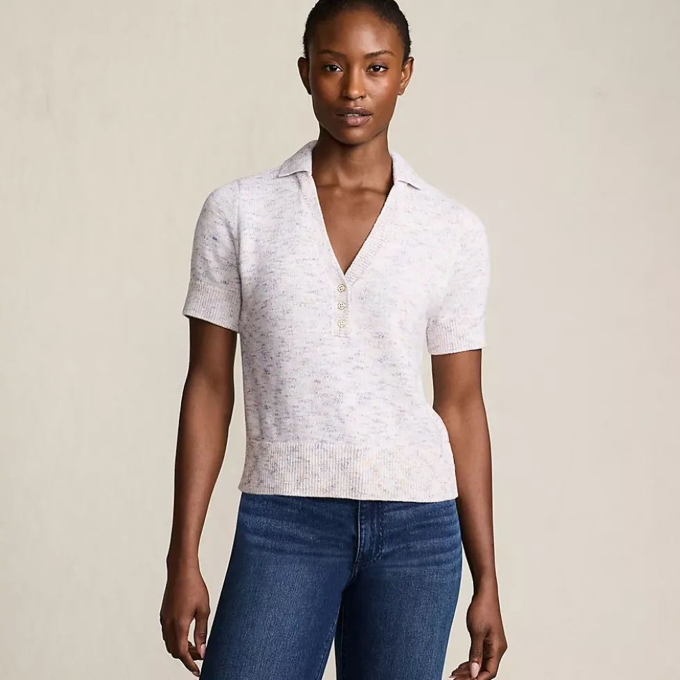 Women's Cotton Blend Short Sleeve Polo Sweater